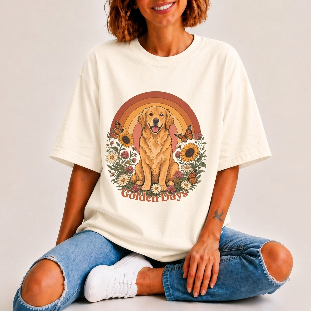 Golden Days Golden Retriever T-Shirt,  Retro Sunset Floral Dog Tee - 14969