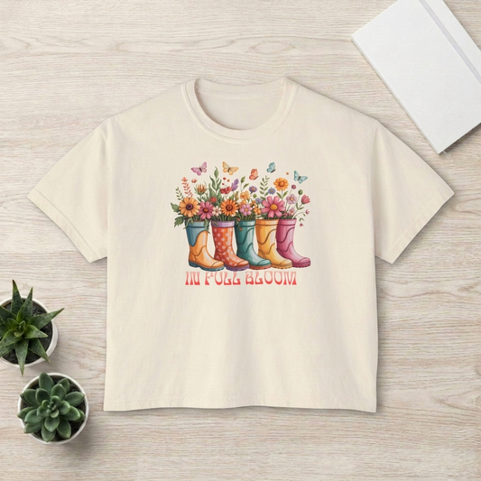Women’s Boxy Tee, “In Full Bloom” Floral Rain Boots Graphic T-Shirt - 14972