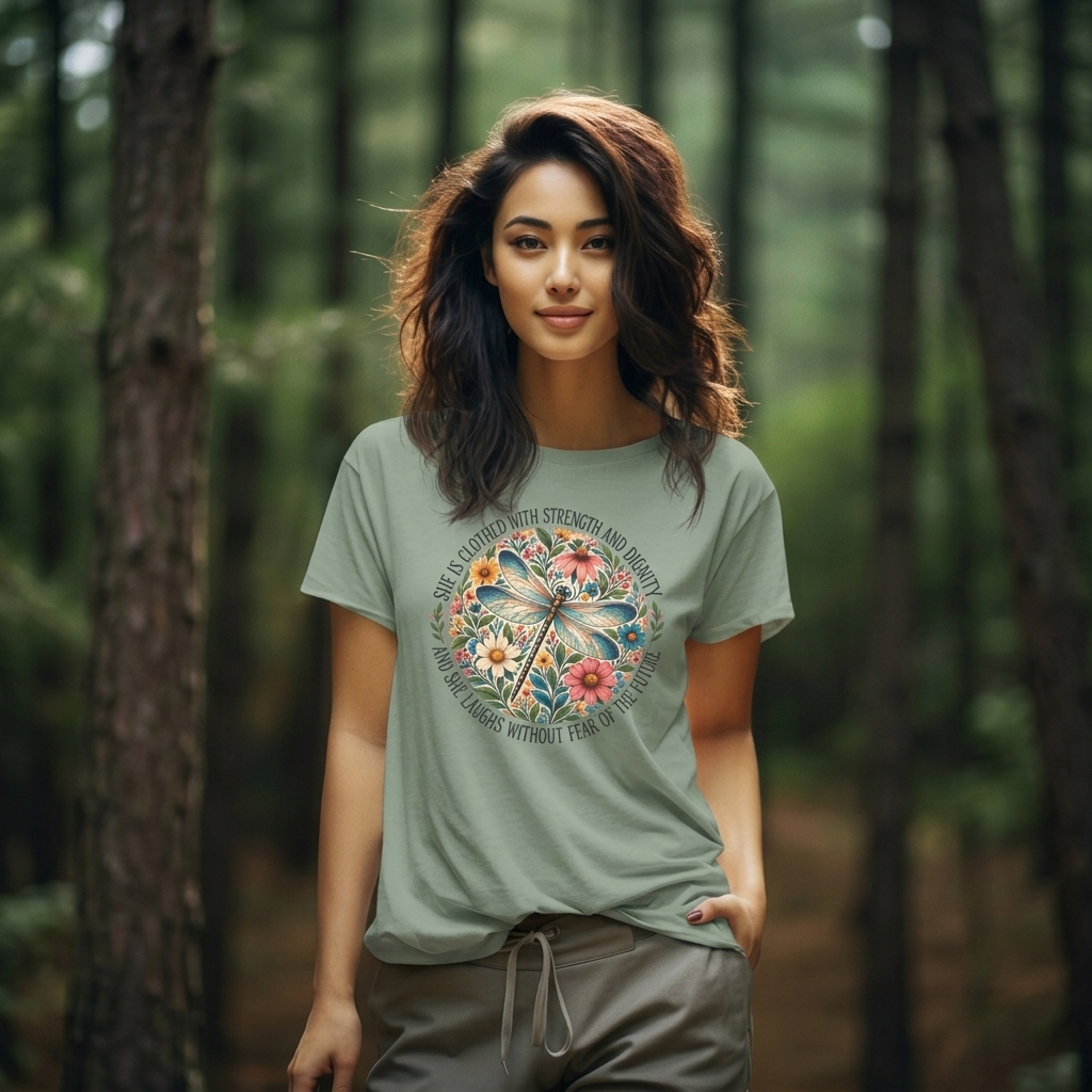 Dragonfly Floral T-Shirt, “She Is Clothed With Strength and Dignity” Inspirational Women’s Tee - 14993