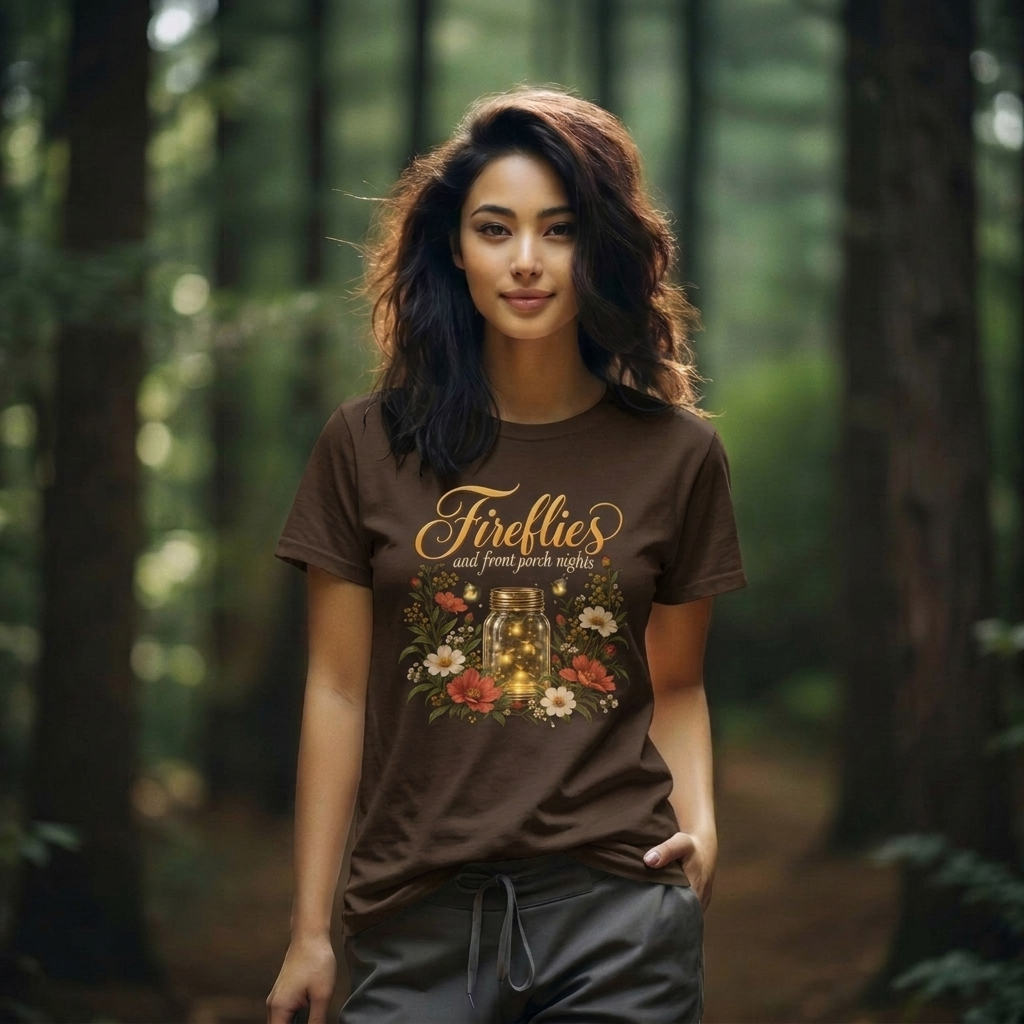 Fireflies and Front Porch Nights T-Shirt, Vintage Floral Mason Jar Tee - 14567