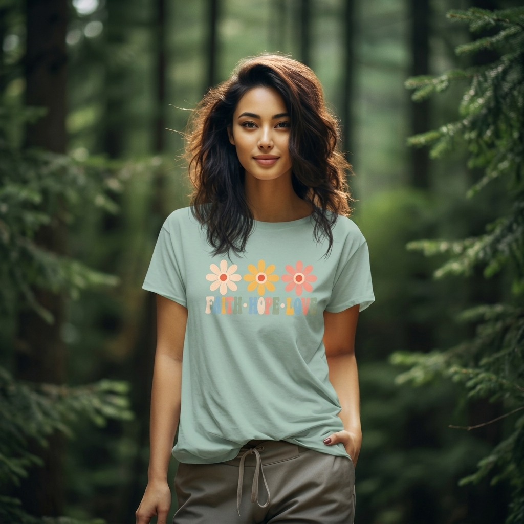 Faith Hope Love Floral T-Shirt,  Retro Flower Graphic Tee - 14979