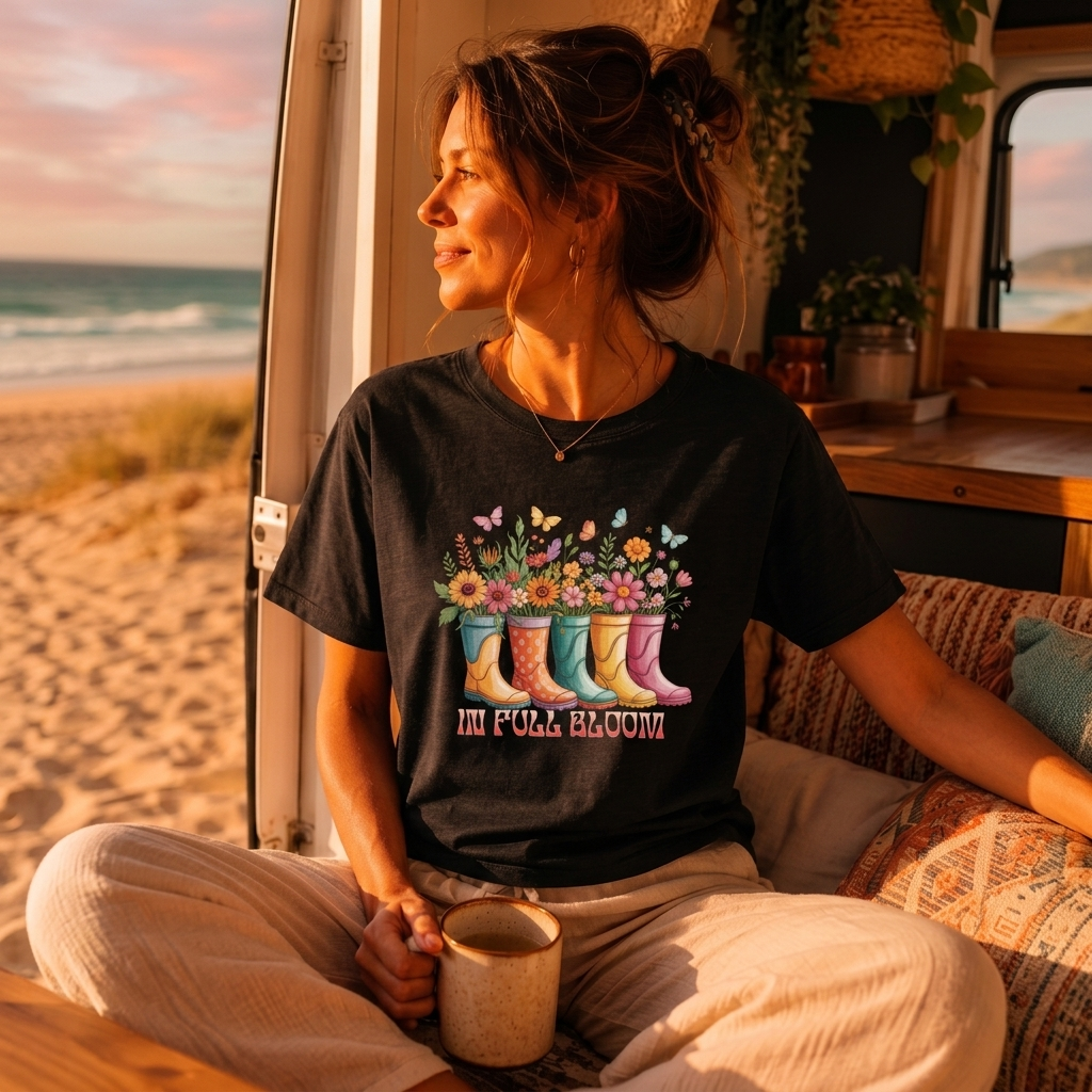 In Full Bloom Garden T-Shirt, Colorful Rain Boots & Flowers Graphic Tee - 14971