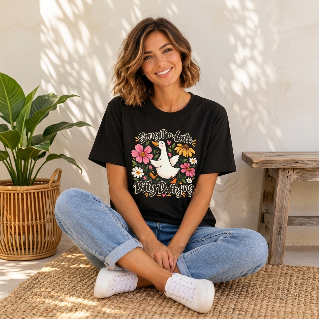 Sorry I’m Late Dilly Dallying T-Shirt, Cute Floral Goose Tee - 14998