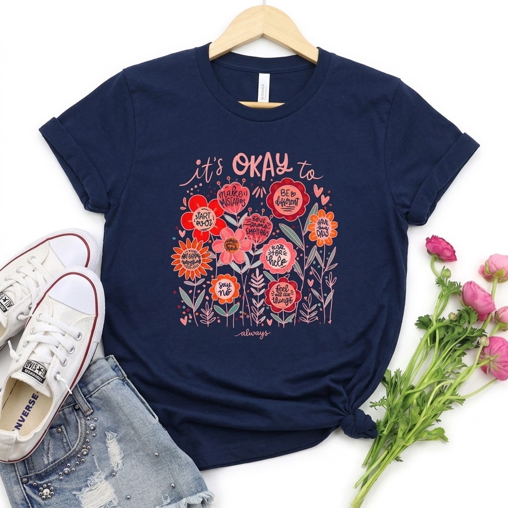 It’s Okay to Bloom Floral T-Shirt — Positive Mental Health Graphic Tee - 14928