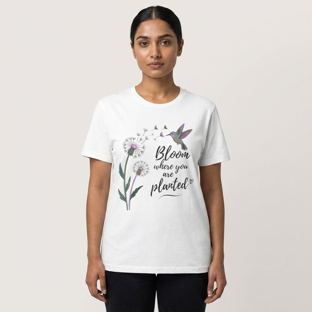 Bloom Where You Are Planted T-Shirt, Hummingbird & Dandelion Floral Graphic Tee - 14927