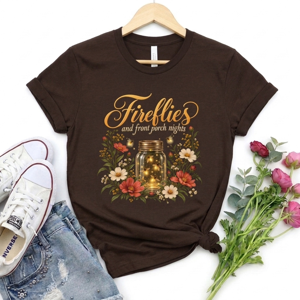 Fireflies and Front Porch Nights T-Shirt, Vintage Floral Mason Jar Tee - 14567