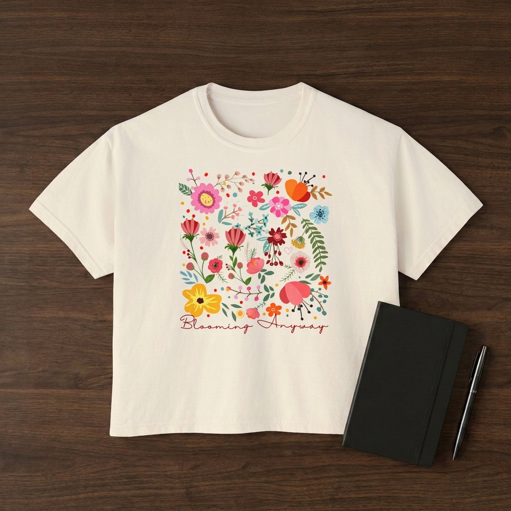 Floral Garden Boxy T-Shirt, Colorful Wildflower Graphic Tee - 14968