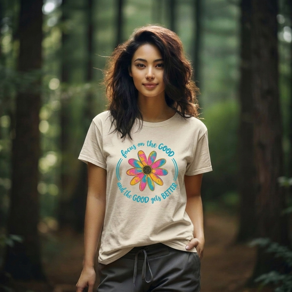 Focus on the Good T-Shirt, Colorful Retro Daisy Graphic Tee - 14563