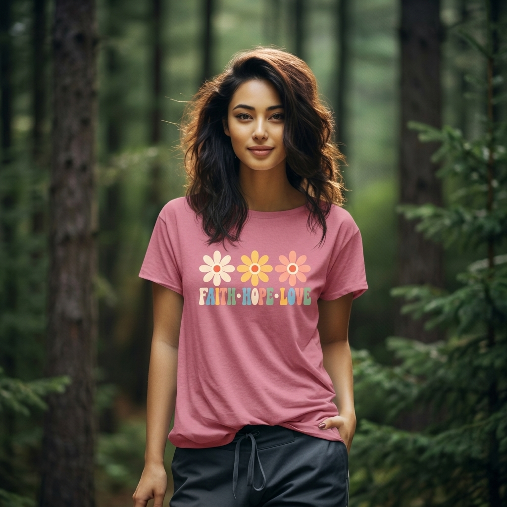 Faith Hope Love Floral T-Shirt,  Retro Flower Graphic Tee - 14979