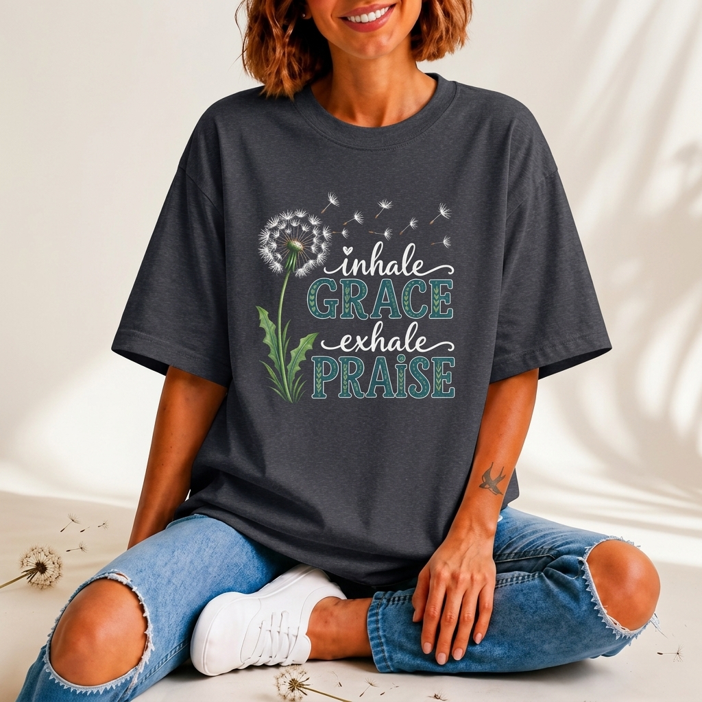 Inhale Grace Exhale Praise T-Shirt, Christian Faith Floral Tee - 14990