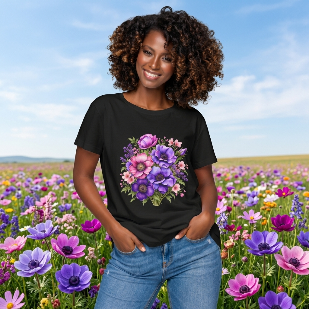 Purple & Pink Floral Bouquet T-Shirt, Colorful Botanical Flower Tee - 14537