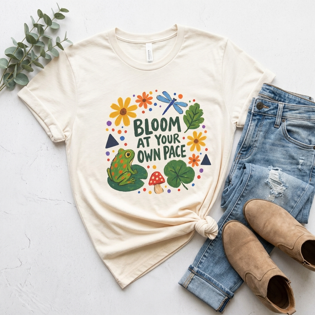 Bloom At Your Own Pace T-Shirt, Cute Frog, Floral & Motivational Graphic Tee - 14919