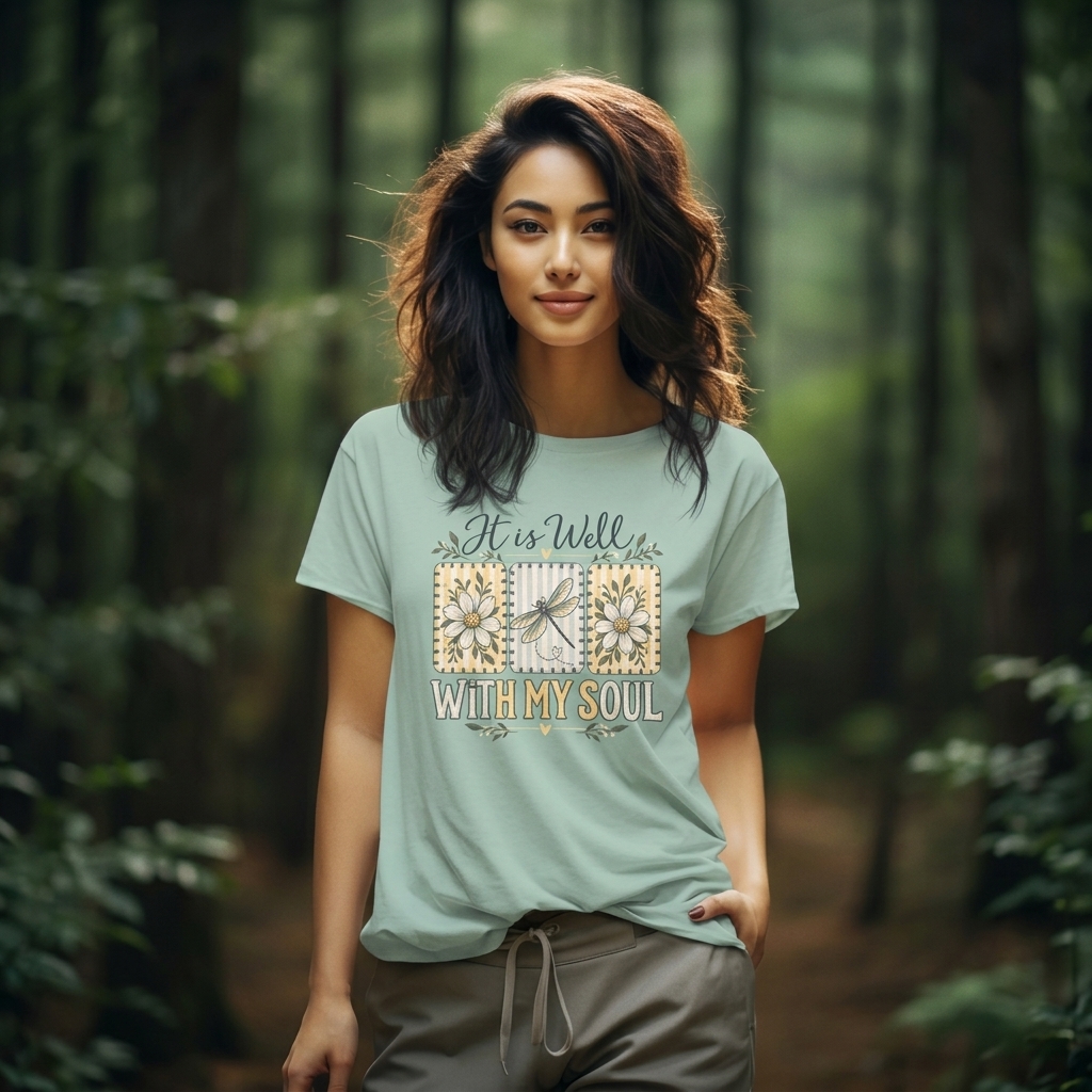 It Is Well With My Soul T-Shirt, Floral Dragonfly Christian Faith Tee - 14991