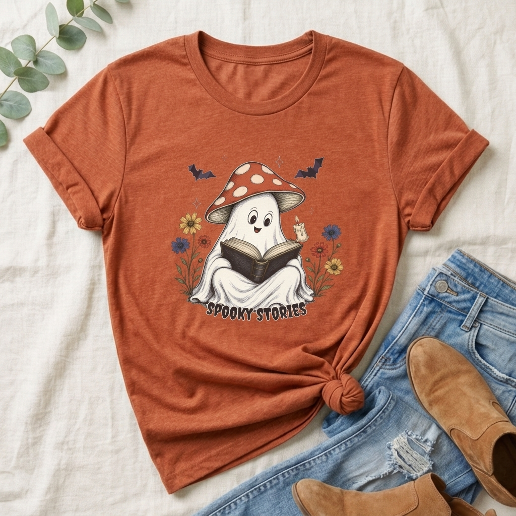 Spooky Stories Ghost T-Shirt, Cute Mushroom Ghost Reading Shirt for Halloween - 14970