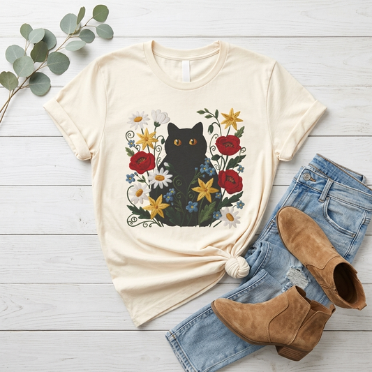 Black Cat in Wildflowers T-Shirt — Floral Cat Tee for Cat Lovers - 14921