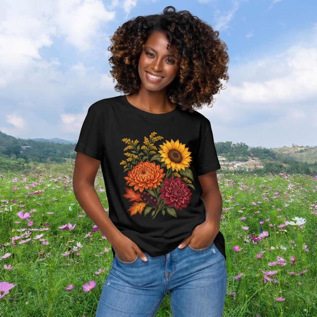 Autumn Wildflower Bouquet T-Shirt, Vintage Botanical Floral Tee - 14565
