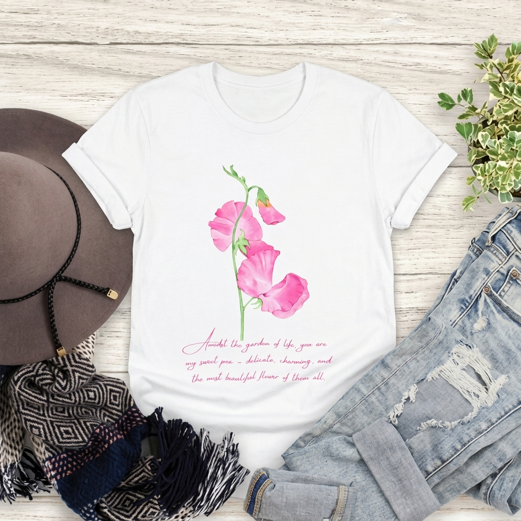 Sweet Pea Floral T-Shirt, Pink Watercolor Flower Graphic Tee - 14962