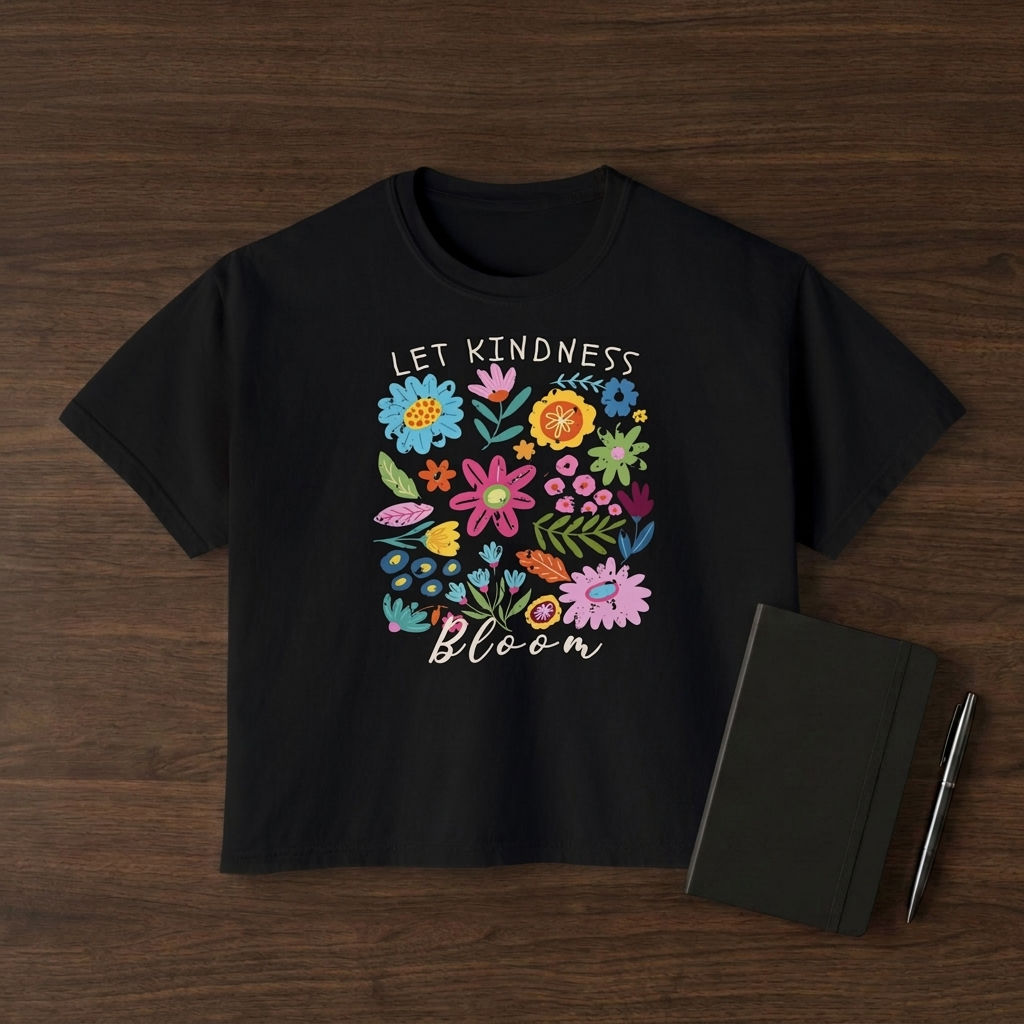 Let Kindness Bloom Floral Boxy T-Shirt, Colorful Inspirational Flower Tee - 14946