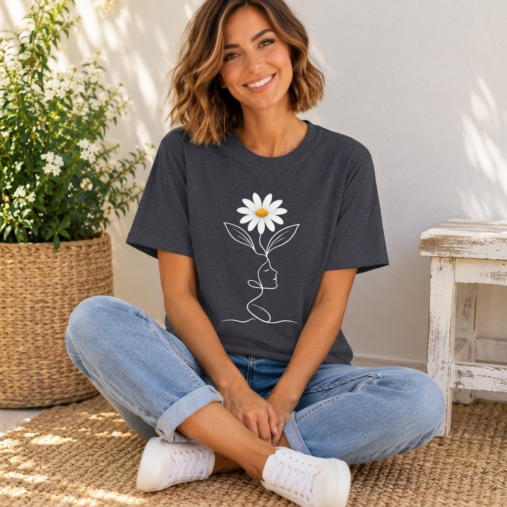 Daisy Woman Face T-Shirt, Minimalist Floral Line Art Tee - 14522