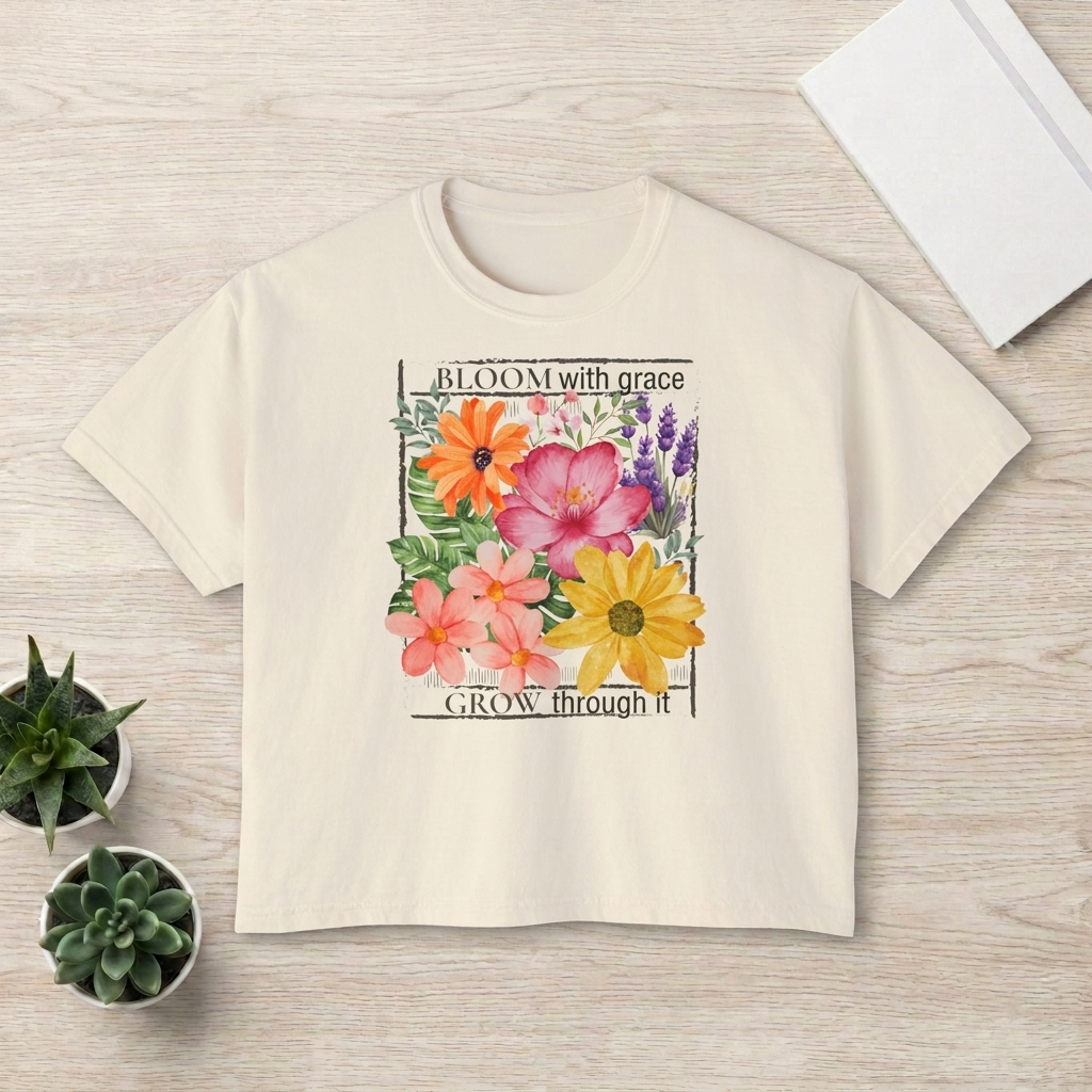 Bloom With Grace Floral Boxy Tee,  “Grow Through It” Inspirational Women’s T-Shirt - 14944