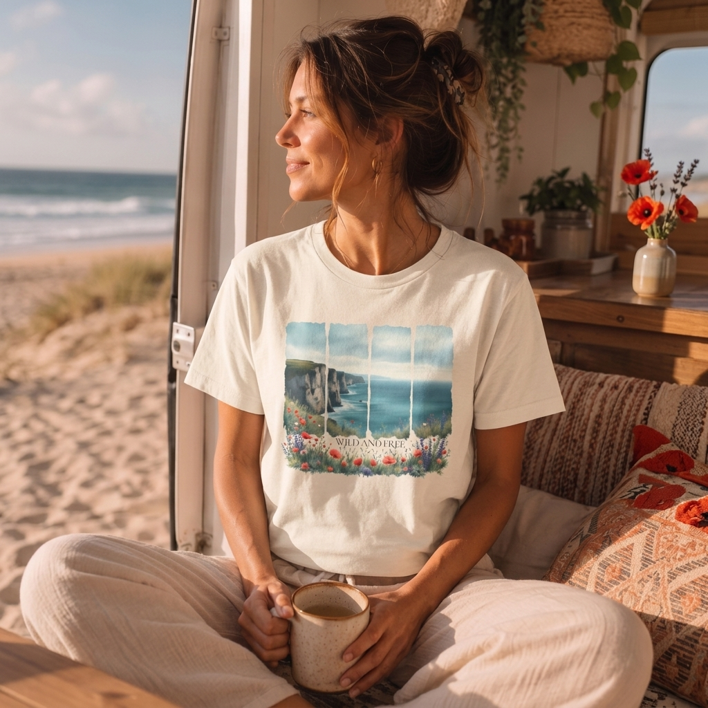 St. Andrews Coastal T-Shirt,  Scenic Cliffs, Wildflowers & Sea View - 14974