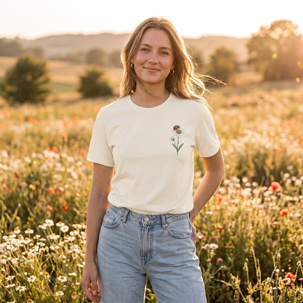 Daisy & Ladybug Floral T-Shirt, Minimal Wildflower Pocket Graphic Tee - 14963