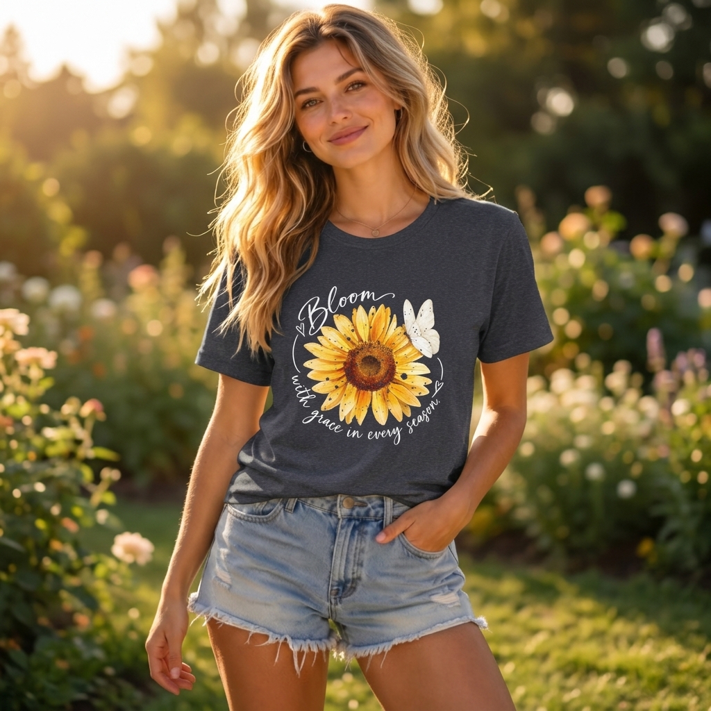 Sunflower “Bloom with Grace in Every Season” T-Shirt, Inspirational Floral Tee- 14502