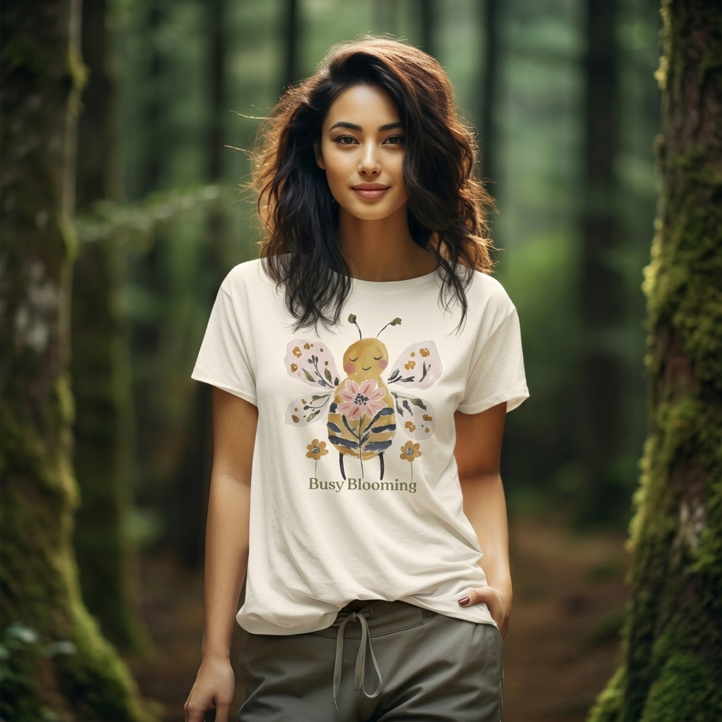 Busy Blooming Bee T-Shirt, Cute Watercolor Floral Bee Tee - 14960