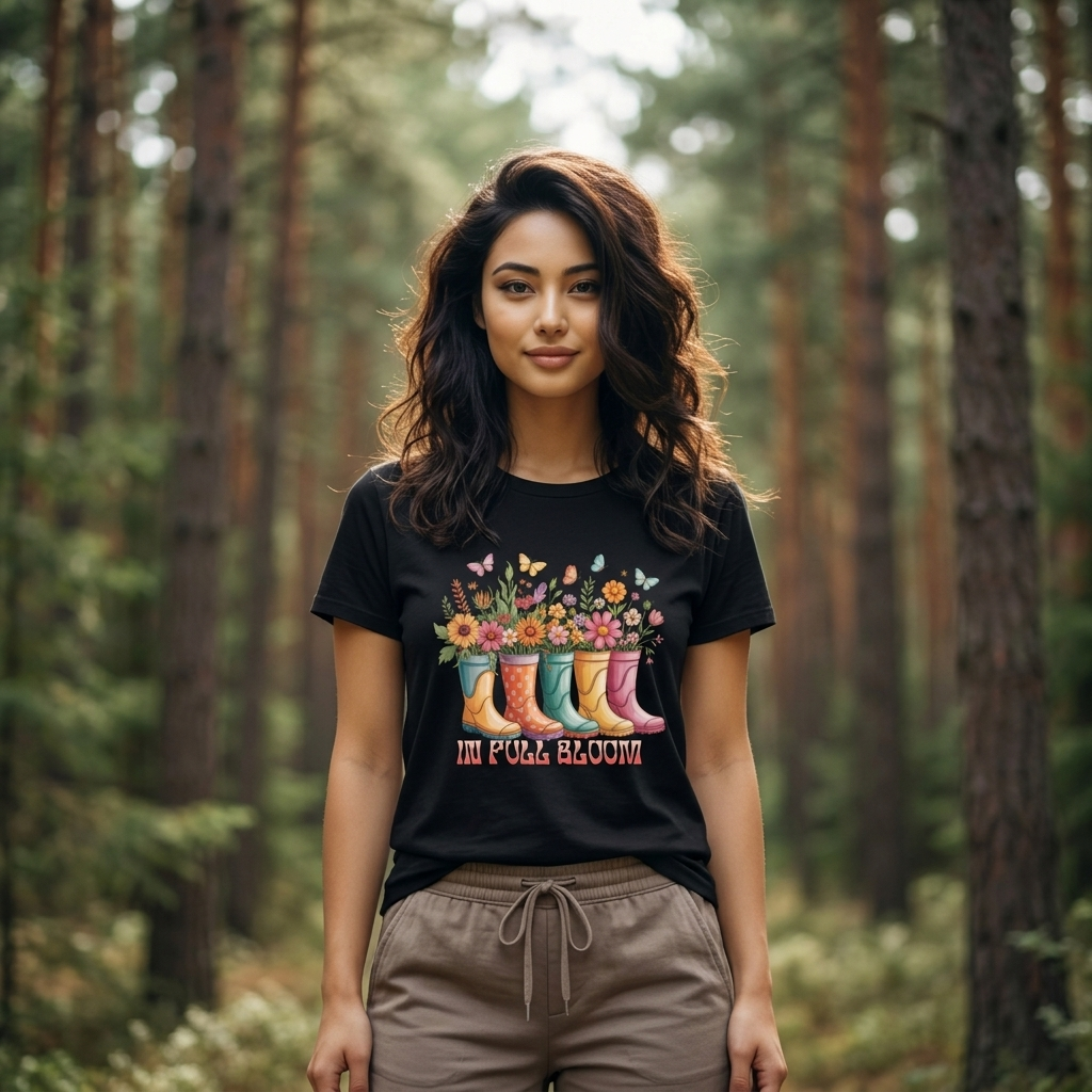 In Full Bloom Garden T-Shirt, Colorful Rain Boots & Flowers Graphic Tee - 14971