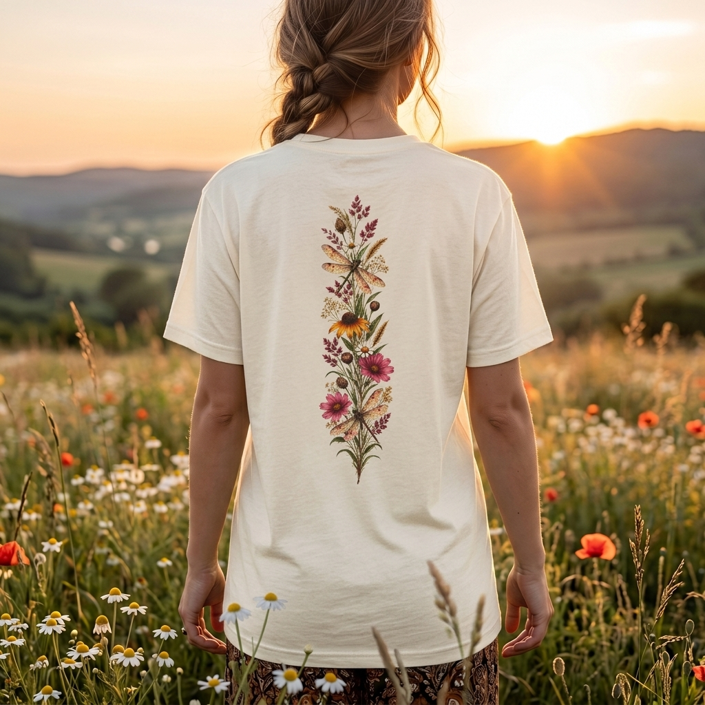 Vintage Wildflower & Dragonfly T-Shirt, Botanical Front & Back Tee - 14549