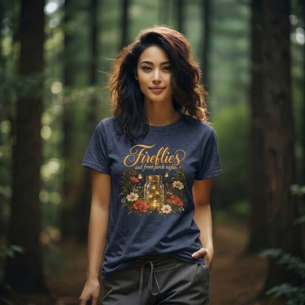 Fireflies and Front Porch Nights T-Shirt, Vintage Floral Mason Jar Tee - 14567
