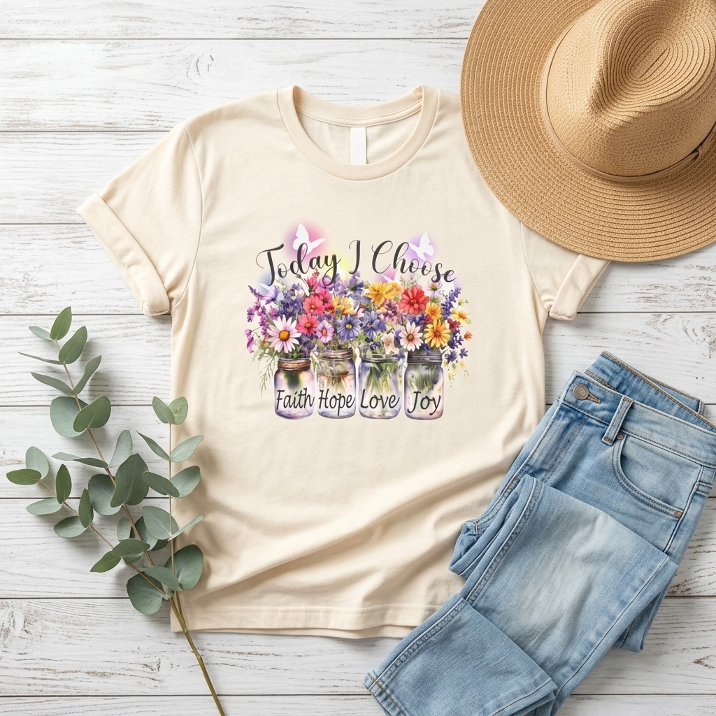 Today I Choose Faith Hope Love Joy T-Shirt — Inspirational Floral Graphic Tee - 14937
