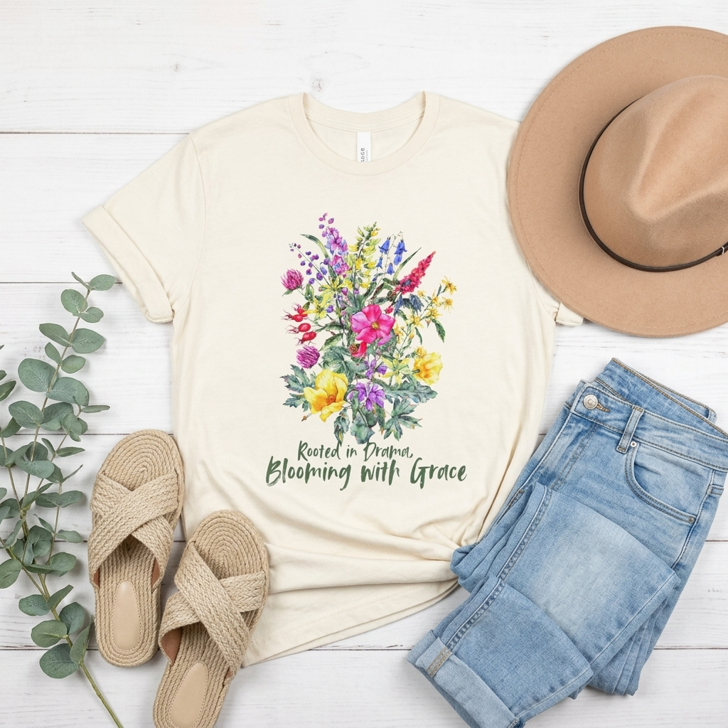 Blooming With Grace Floral T-Shirt, “Rooted in Drama” Watercolor Botanical Tee - 14965