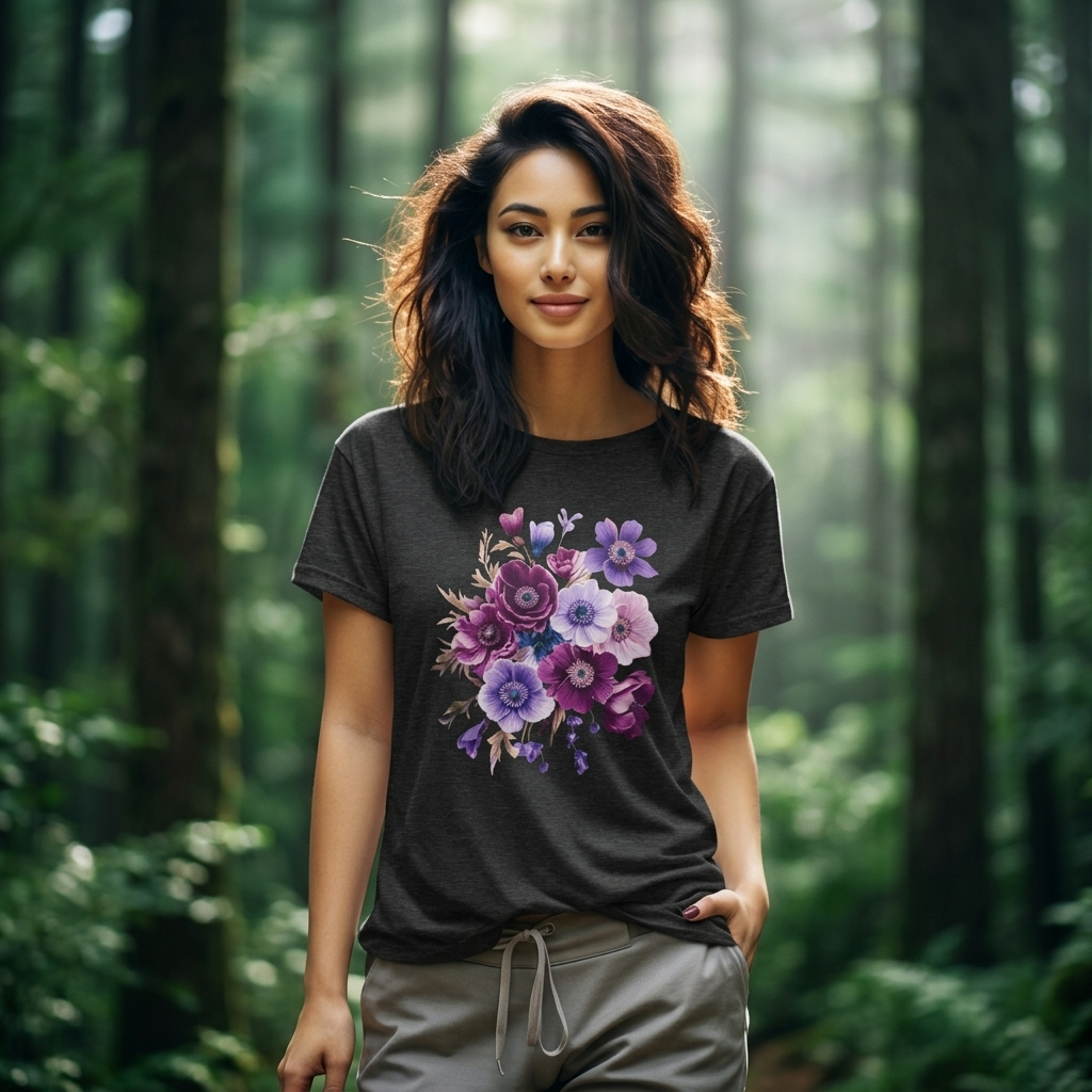 Purple Anemone Bouquet T-Shirt, Watercolor Floral Flower Tee - 14947