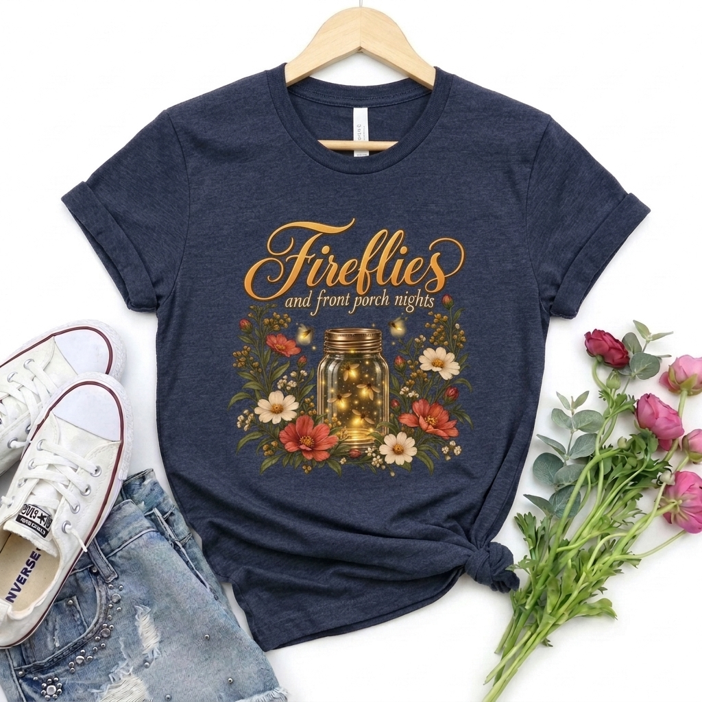 Fireflies and Front Porch Nights T-Shirt, Vintage Floral Mason Jar Tee - 14567