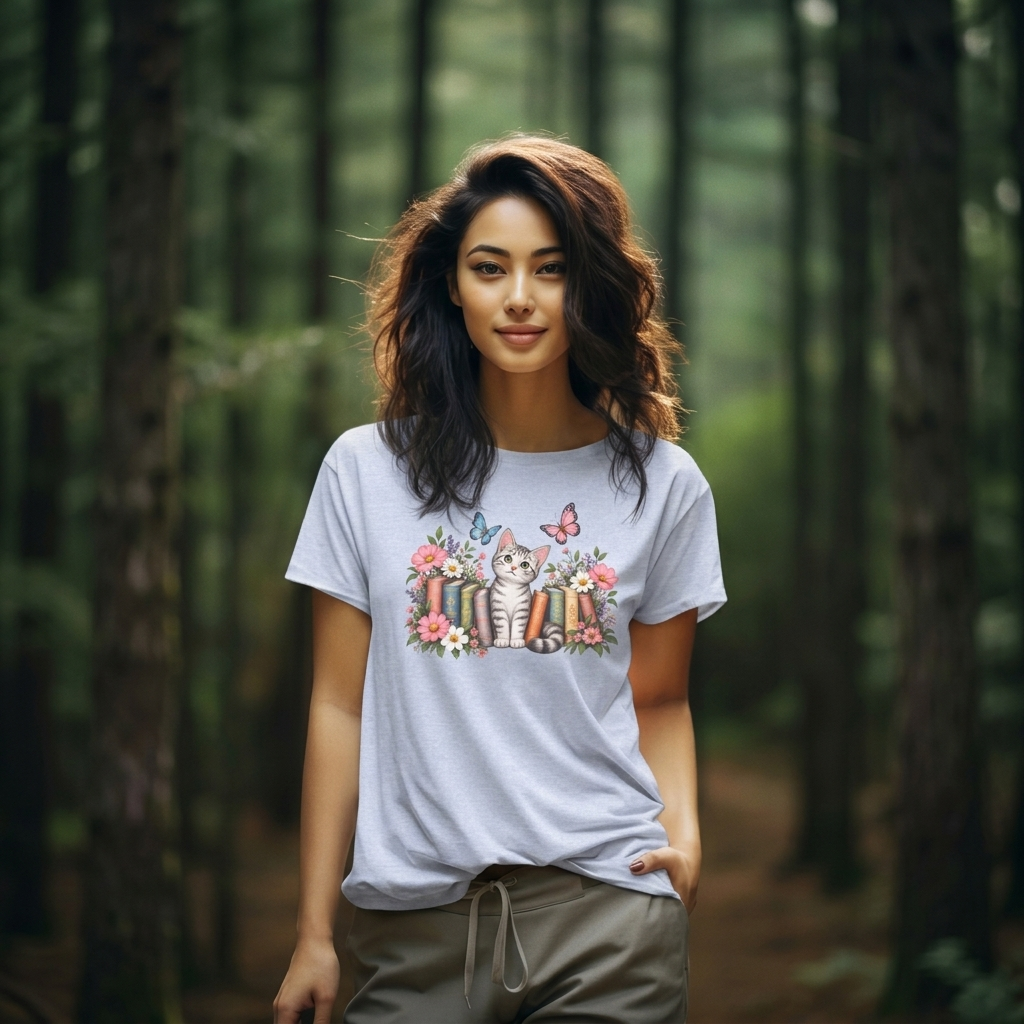 Cat & Books T-Shirt, Cute Floral Kitten & Butterfly Tee - 14526