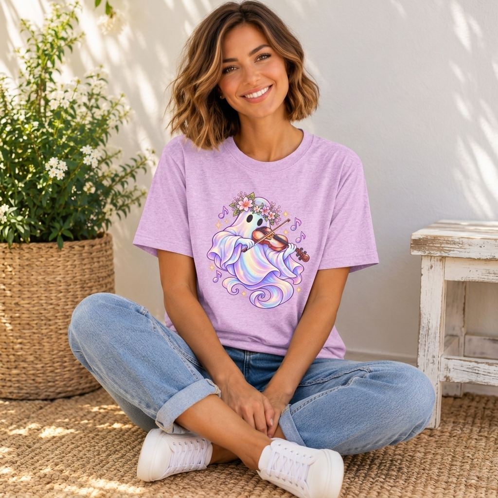 Ghost Violin T-Shirt, Cute Pastel Floral Music Lover Tee - 14528