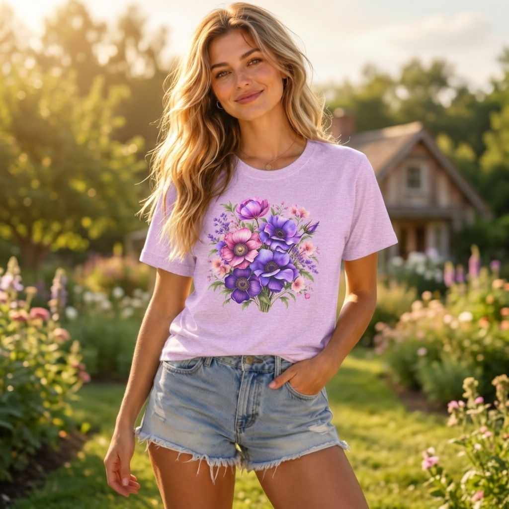 Purple & Pink Floral Bouquet T-Shirt, Colorful Botanical Flower Tee - 14537