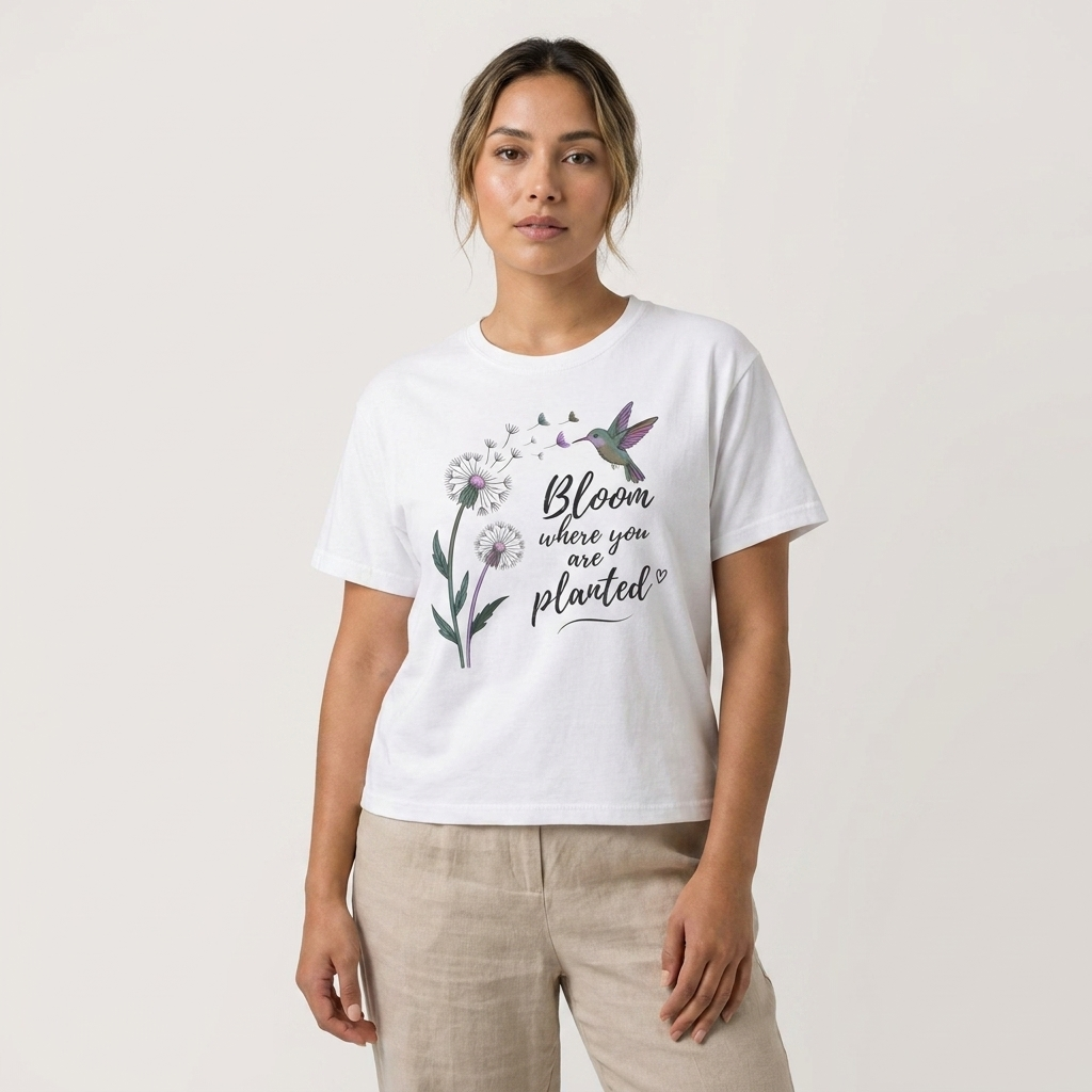 Bloom Where You’re Planted Boxy Tee, Women’s Hummingbird Floral Inspirational T-Shirt - 14926