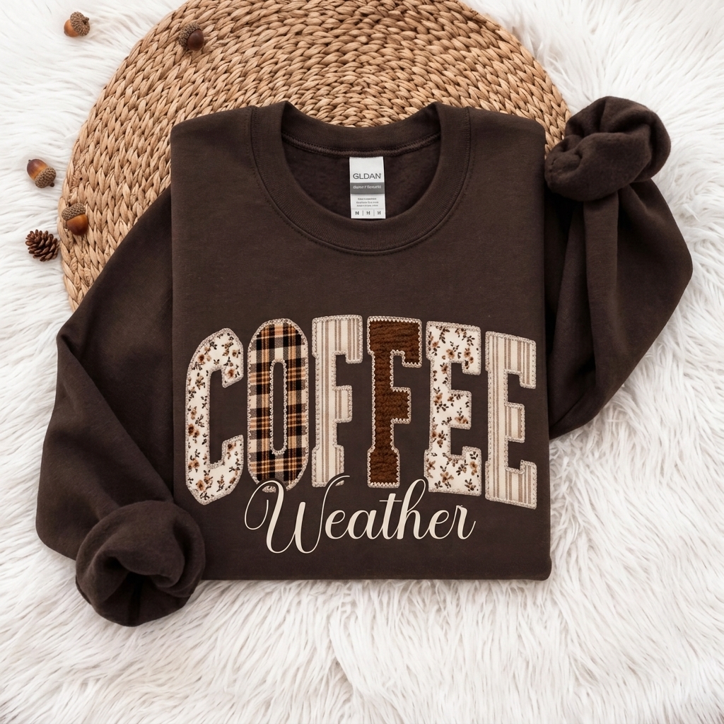 Coffee Weather Sweatshirt, Patchwork Floral Plaid Cozy Crewneck - 14997