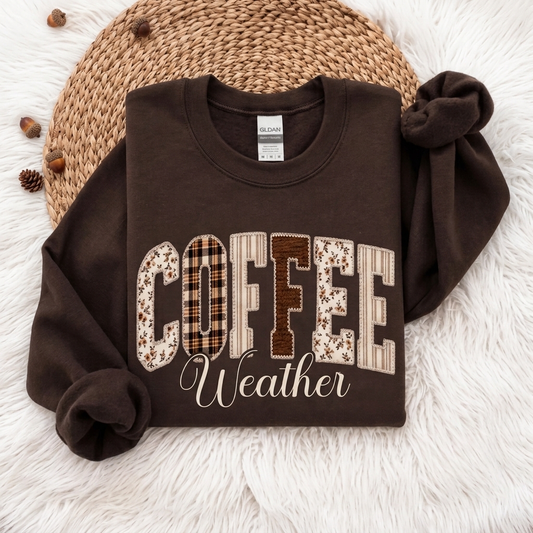 Coffee Weather Sweatshirt, Patchwork Floral Plaid Cozy Crewneck - 14997