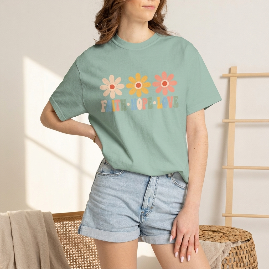Faith Hope Love Floral T-Shirt,  Retro Flower Graphic Tee - 14979