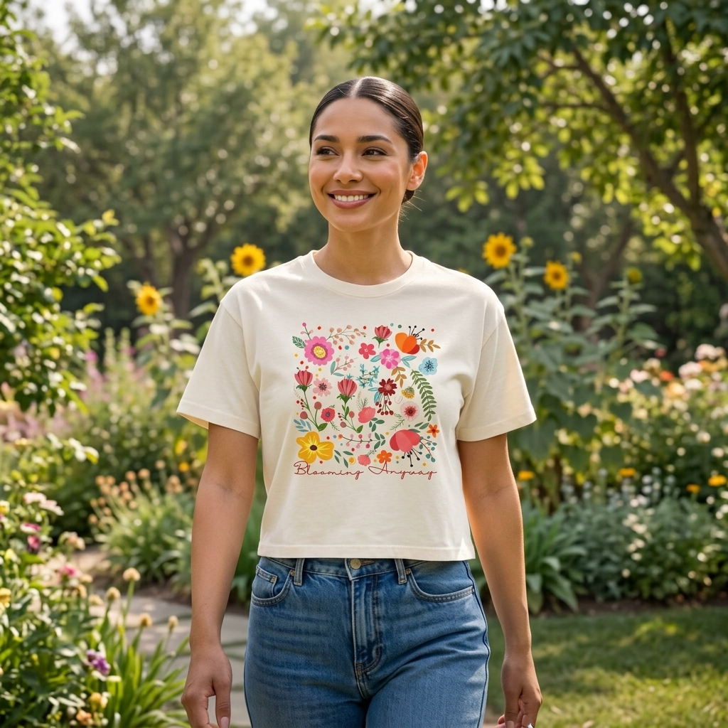 Floral Garden Boxy T-Shirt, Colorful Wildflower Graphic Tee - 14968