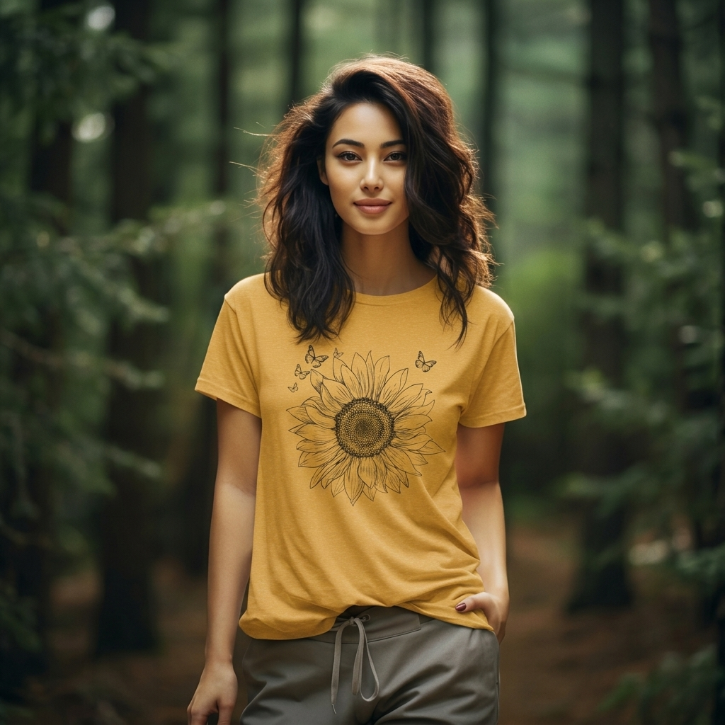 Sunflower Sketch T-Shirt, Vintage Botanical Sunflower & Butterfly Graphic Tee - 14982