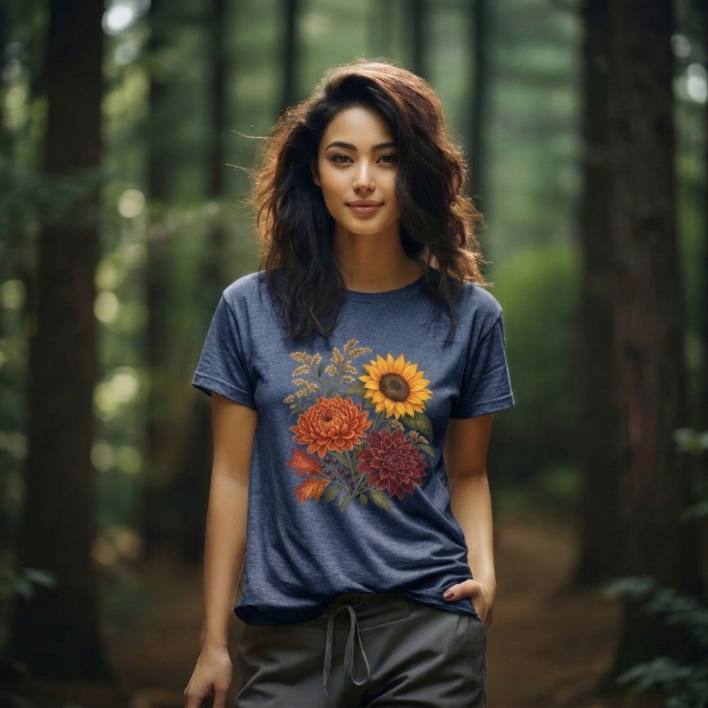 Autumn Wildflower Bouquet T-Shirt, Vintage Botanical Floral Tee - 14565