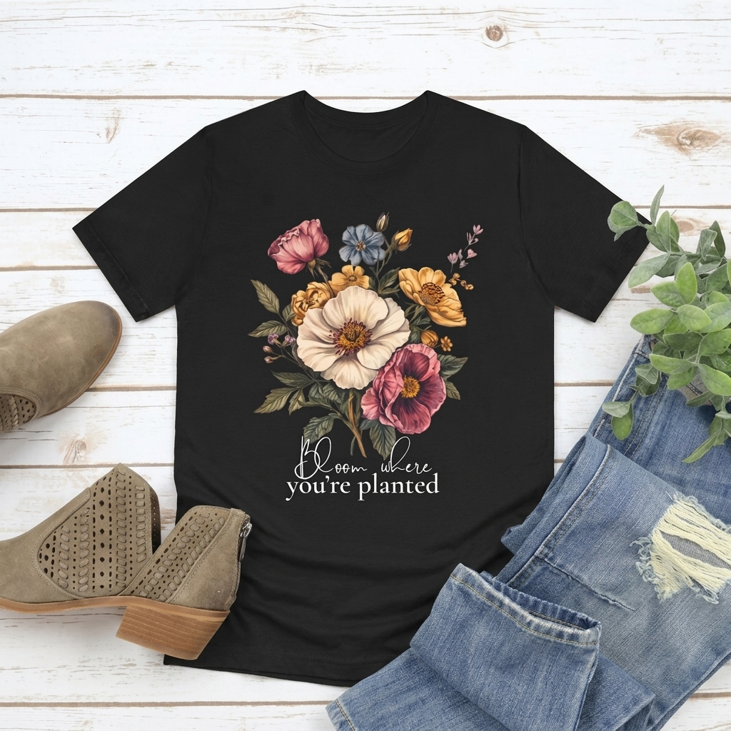 Bloom Where You’re Planted Floral T-Shirt, Vintage Botanical Graphic Tee -  14933