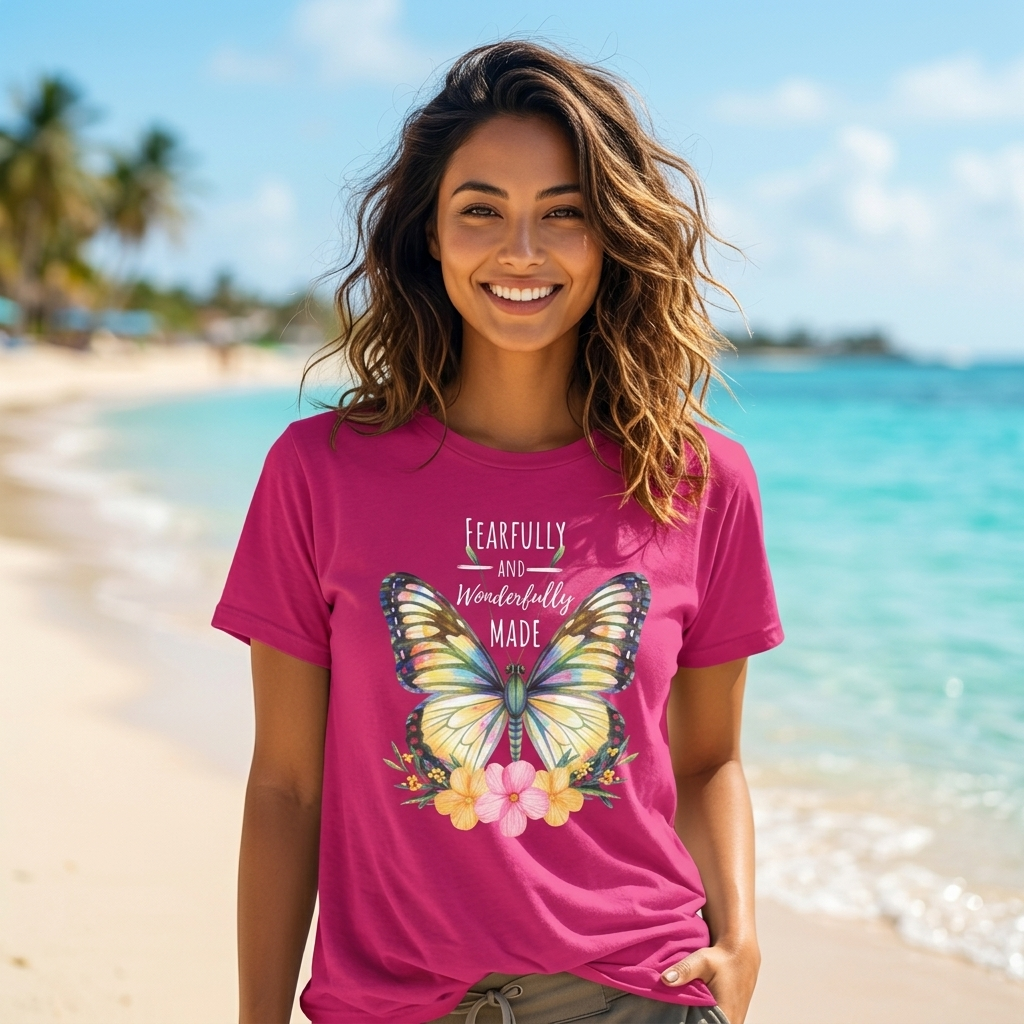 Fearfully and Wonderfully Made Butterfly T-Shirt, Inspirational Floral Faith Tee - 14955
