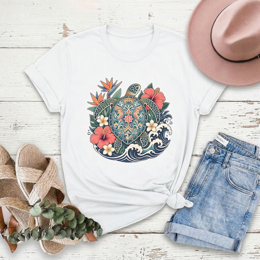 Sea Turtle Floral T-Shirt, Hawaiian Turtle Graphic Tee - 14973