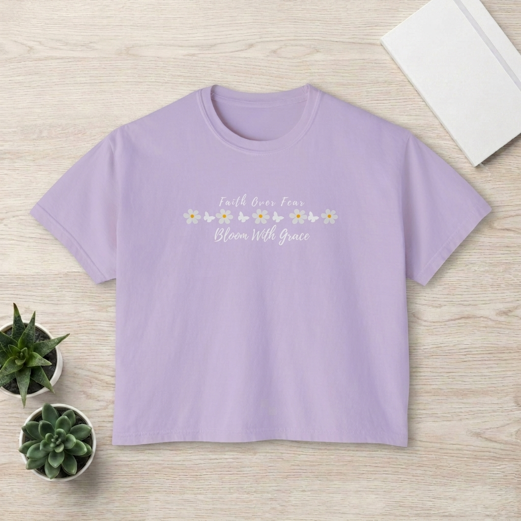 Faith Over Fear Floral Boxy Tee, “Bloom With Grace” Christian Crop Shirt - 14950