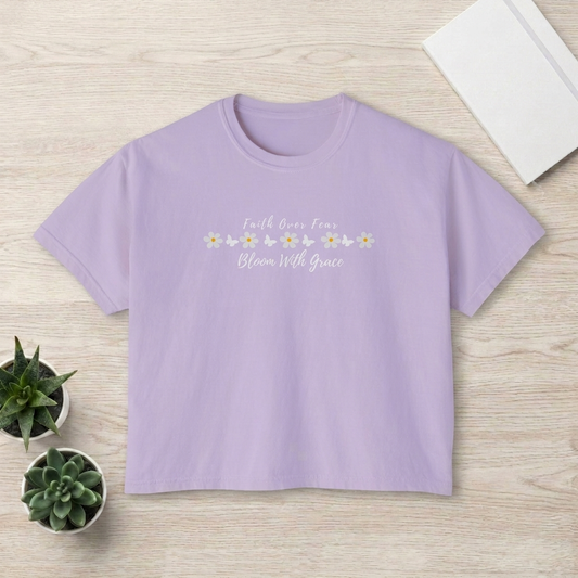 Faith Over Fear Floral Boxy Tee, “Bloom With Grace” Christian Crop Shirt - 14950